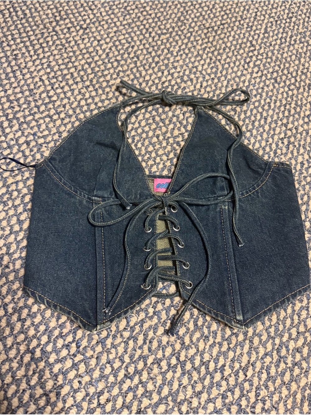 Edikted Denim Lace-Up Halter Crop Top - Dark Blue